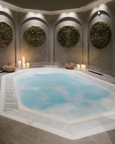 MOHR life resort – wunderbares Wellnesshotel in Lermoos Innen-Whirlpool mit Kerzen und dekorativen Wandkunstwerken in einem Wellnessbereich