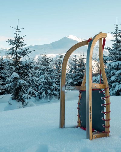 Wellness und Luxus: Ihr Hotel in Tirol Schlitten im Schnee vor schneebedeckten Tannen und Bergen